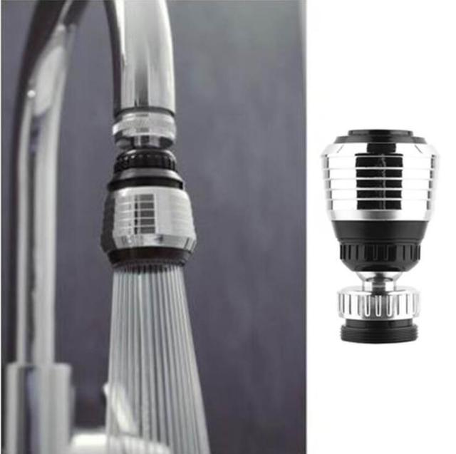 Faucet filter attachment with water flowing out, set against a neutral background.