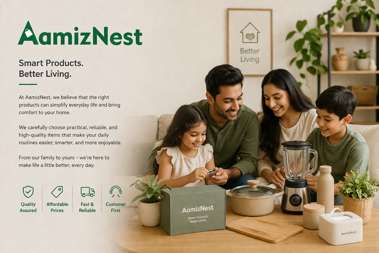 Family using AamizNest products in a home setting with text about the brand's mission.