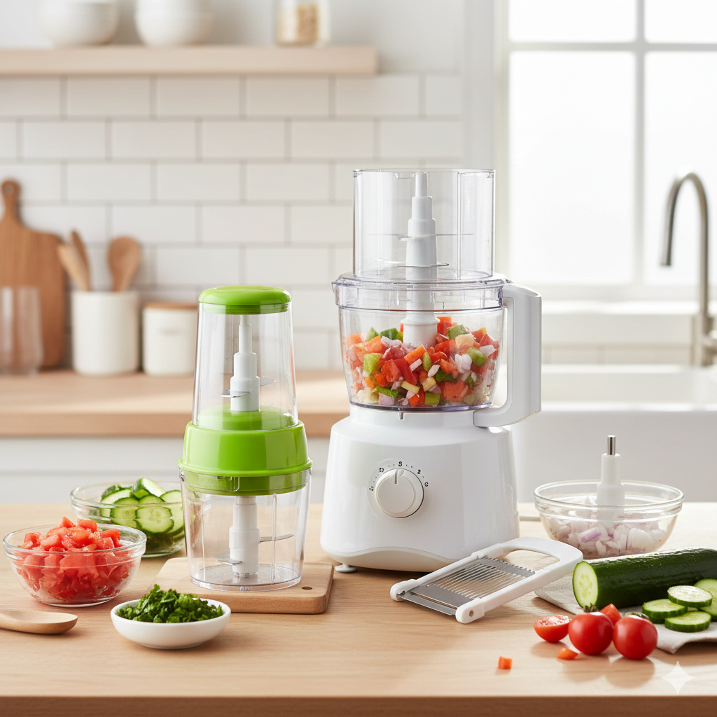 Kitchen food processor with chopped vegetables on a wooden countertop