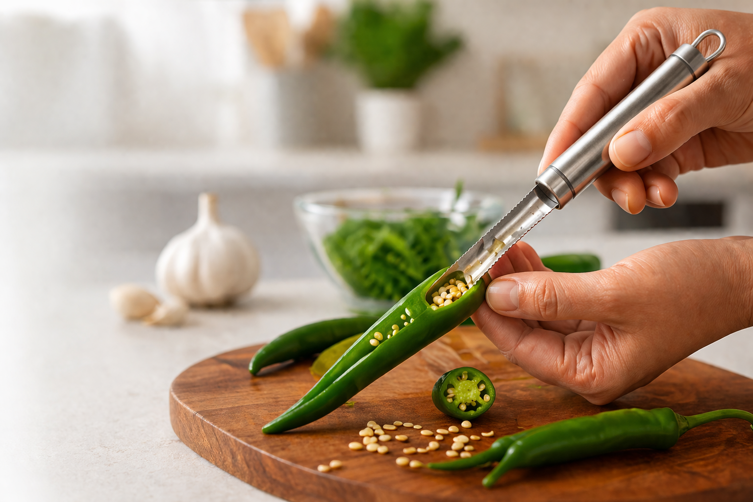 Person using a pepper mill on a green chili pepper with a kitchen setting in the background